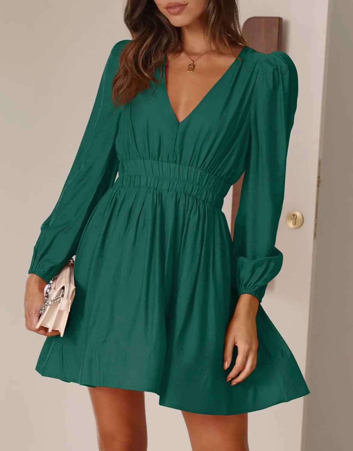 BWQ Women Mini Dress Long Sleeve Deep V Sexy Dress A-line Elastic High Waisted Flowy Dress