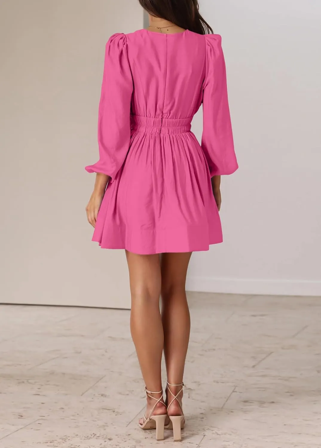 BWQ Women Mini Dress Long Sleeve Deep V Sexy Dress A-line Elastic High Waisted Flowy Dress