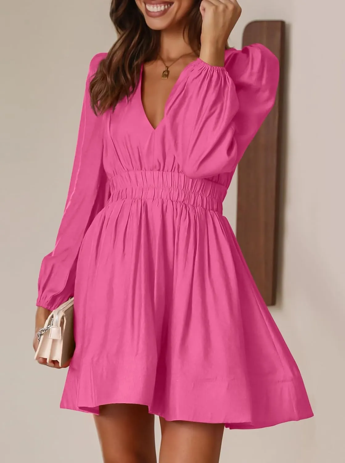 BWQ Women Mini Dress Long Sleeve Deep V Sexy Dress A-line Elastic High Waisted Flowy Dress