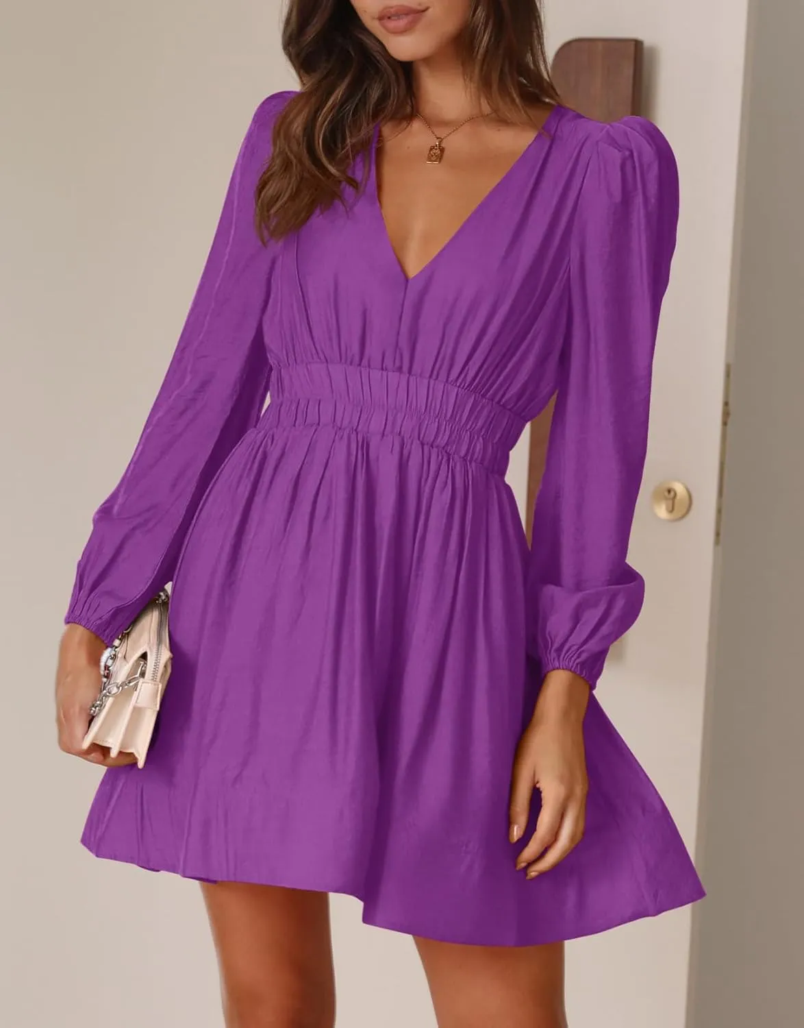 BWQ Women Mini Dress Long Sleeve Deep V Sexy Dress A-line Elastic High Waisted Flowy Dress
