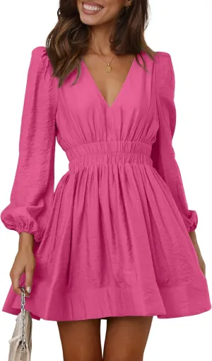 BWQ Women Mini Dress Long Sleeve Deep V Sexy Dress A-line Elastic High Waisted Flowy Dress