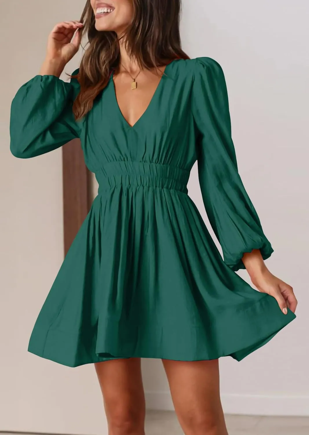 BWQ Women Mini Dress Long Sleeve Deep V Sexy Dress A-line Elastic High Waisted Flowy Dress