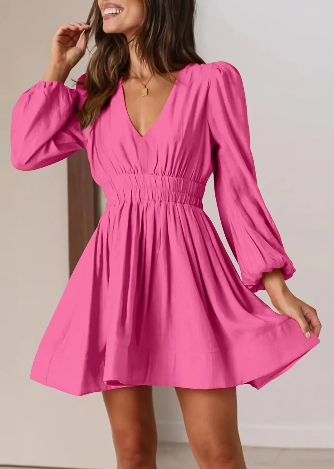 BWQ Women Mini Dress Long Sleeve Deep V Sexy Dress A-line Elastic High Waisted Flowy Dress