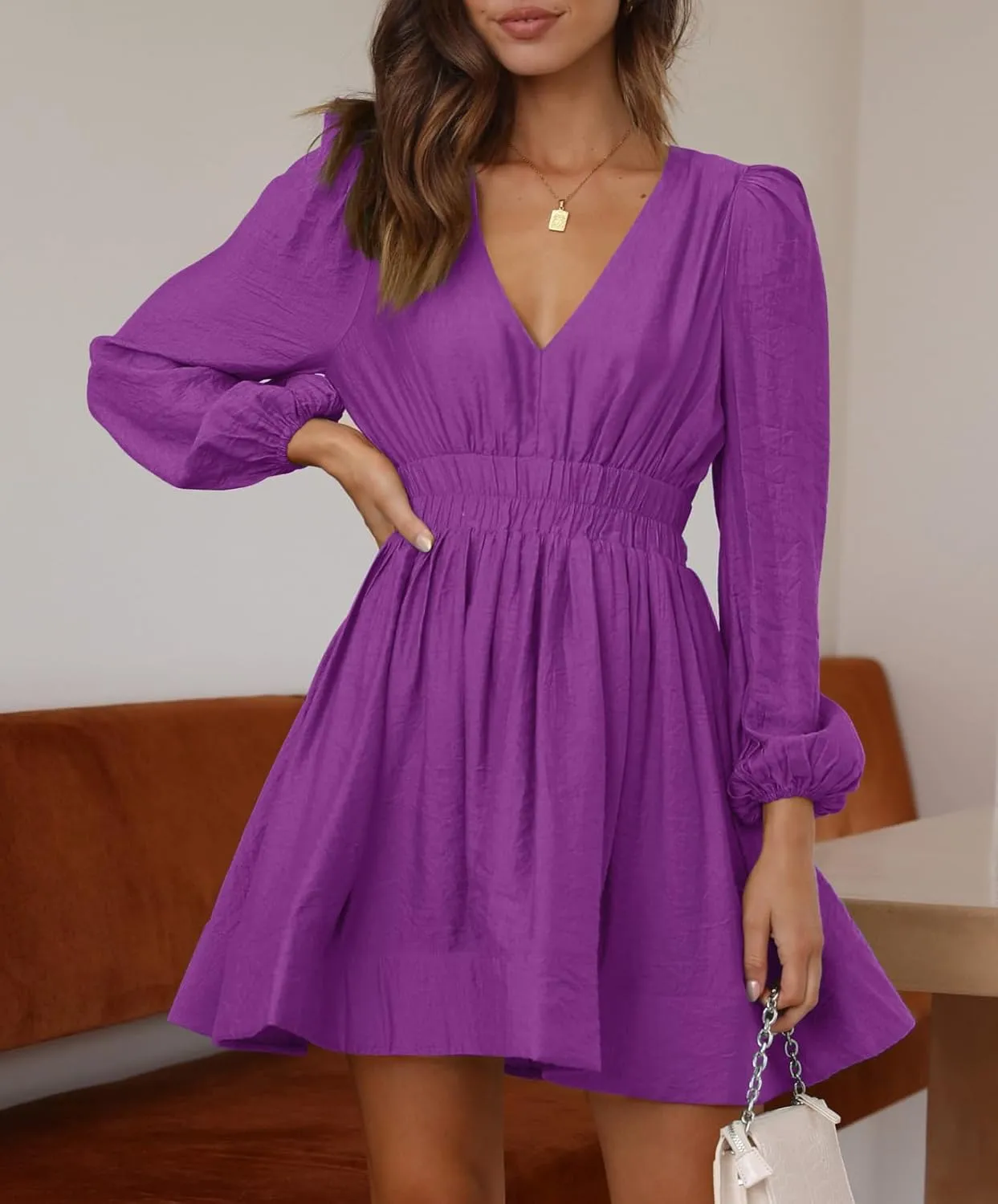 BWQ Women Mini Dress Long Sleeve Deep V Sexy Dress A-line Elastic High Waisted Flowy Dress