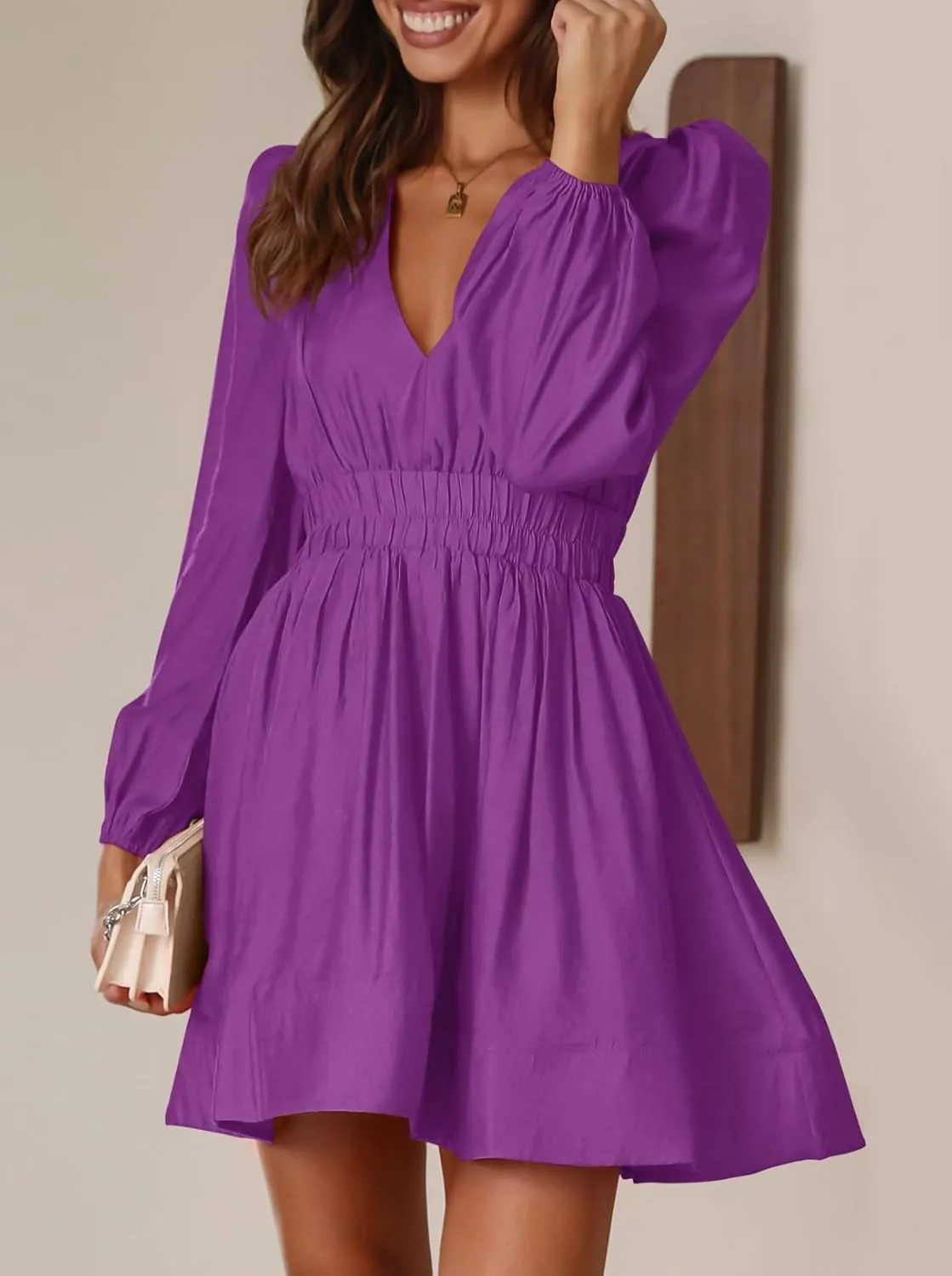BWQ Women Mini Dress Long Sleeve Deep V Sexy Dress A-line Elastic High Waisted Flowy Dress