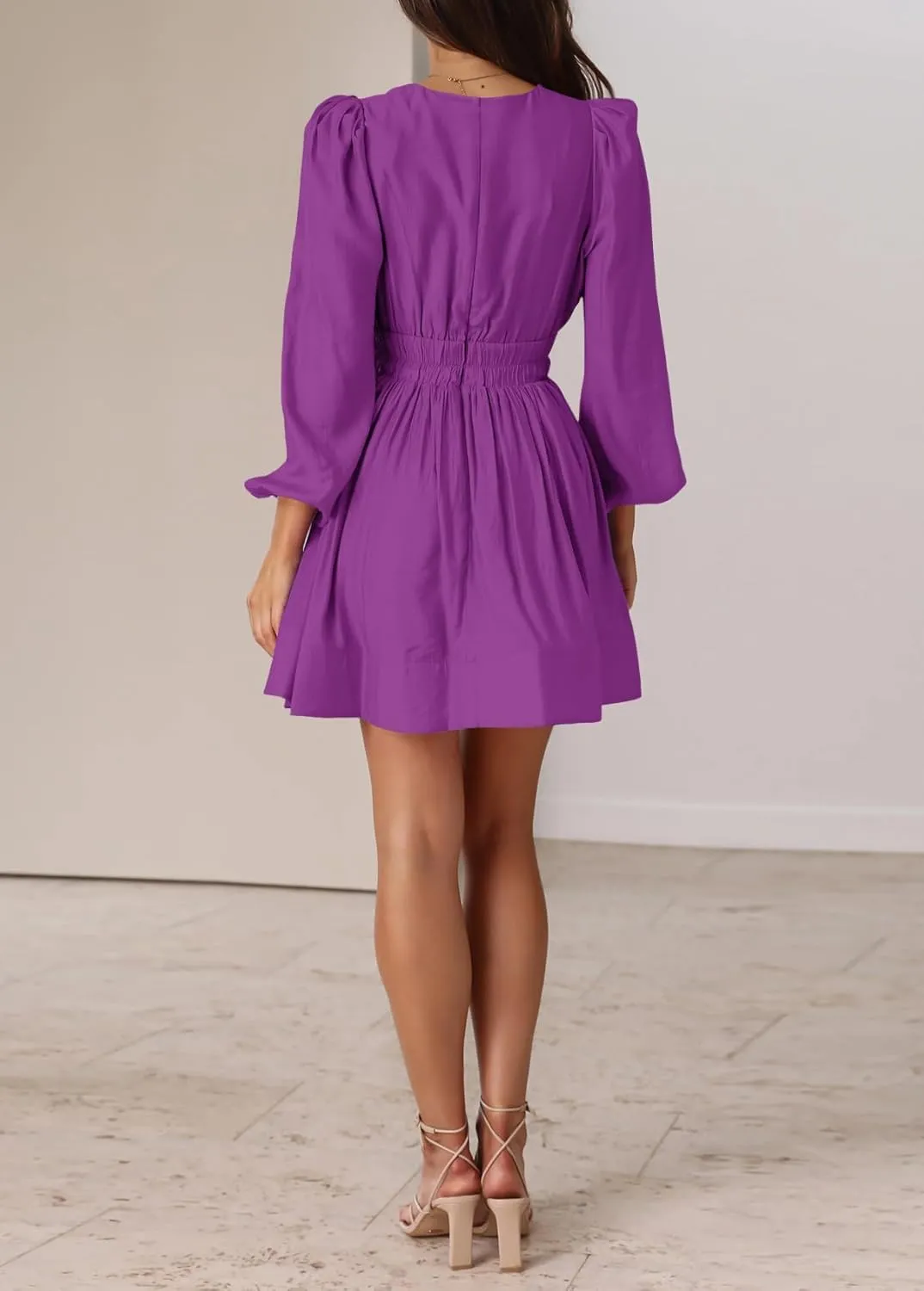 BWQ Women Mini Dress Long Sleeve Deep V Sexy Dress A-line Elastic High Waisted Flowy Dress