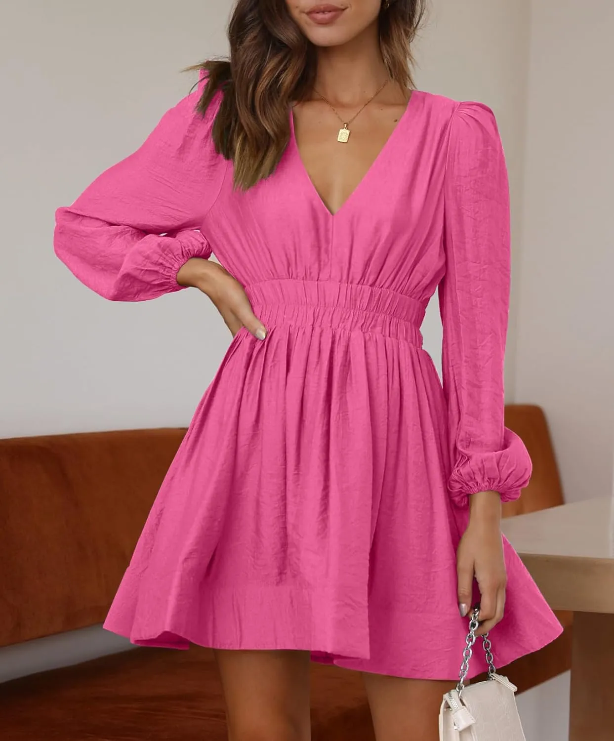 BWQ Women Mini Dress Long Sleeve Deep V Sexy Dress A-line Elastic High Waisted Flowy Dress
