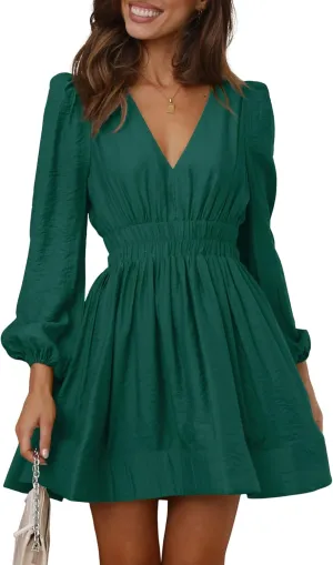 BWQ Women Mini Dress Long Sleeve Deep V Sexy Dress A-line Elastic High Waisted Flowy Dress