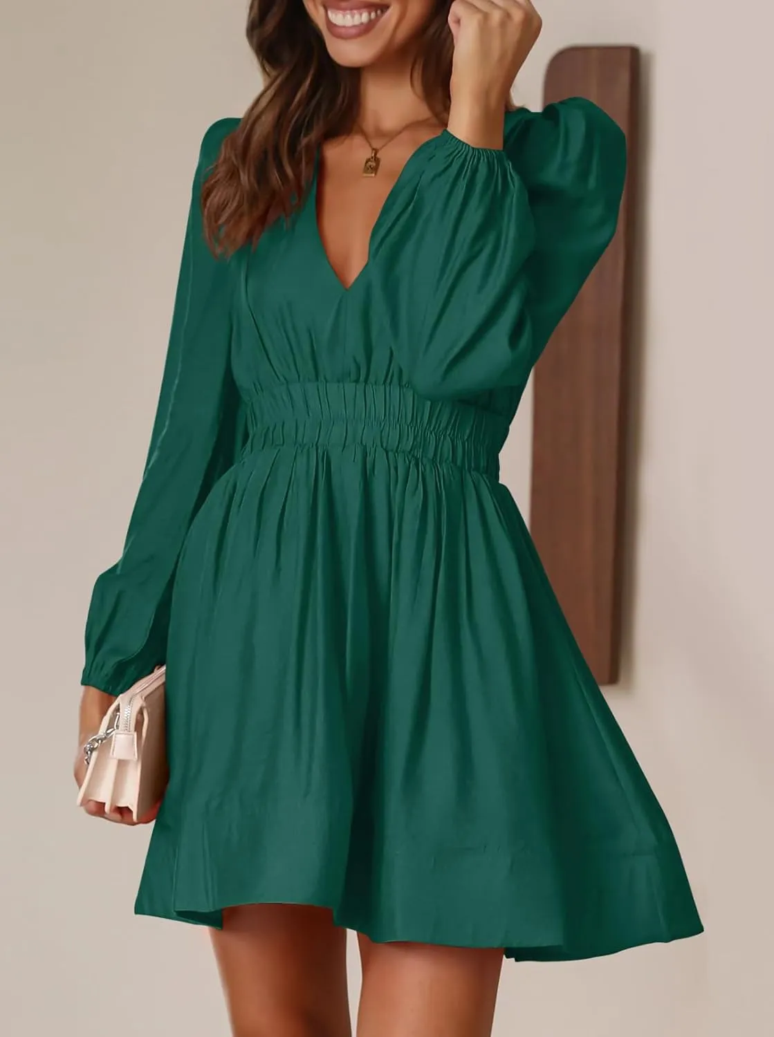BWQ Women Mini Dress Long Sleeve Deep V Sexy Dress A-line Elastic High Waisted Flowy Dress
