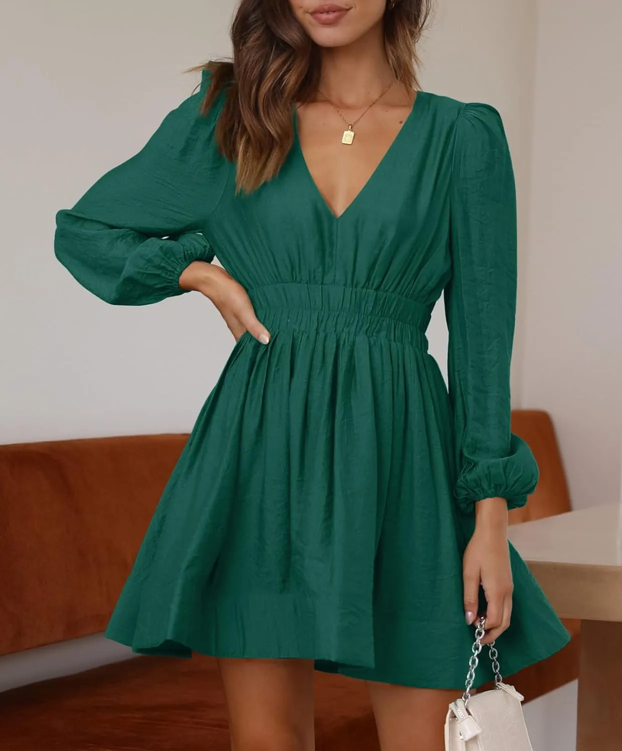 BWQ Women Mini Dress Long Sleeve Deep V Sexy Dress A-line Elastic High Waisted Flowy Dress