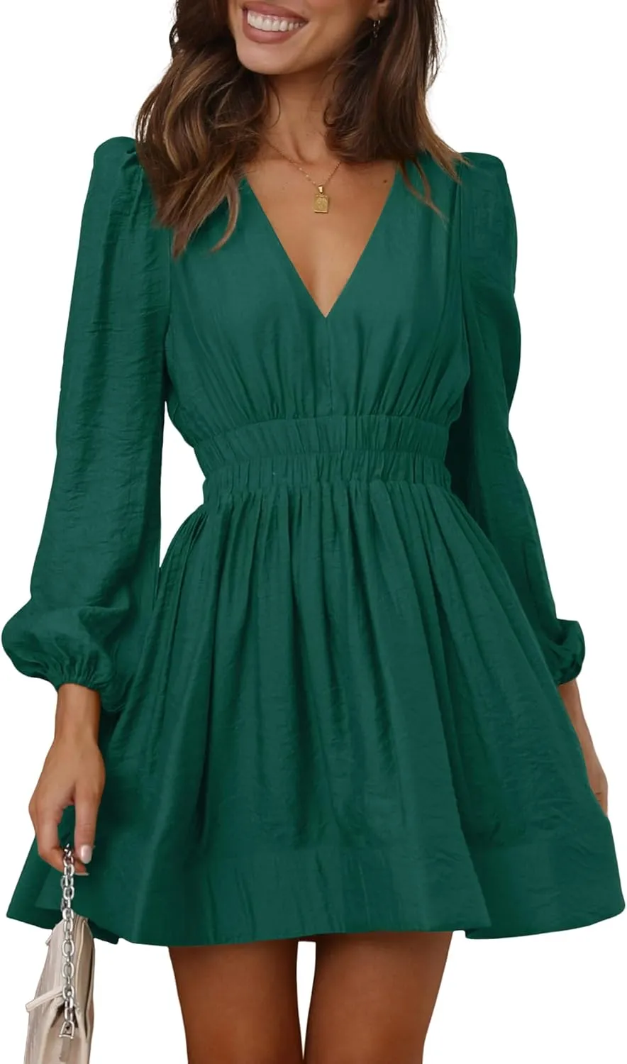BWQ Women Mini Dress Long Sleeve Deep V Sexy Dress A-line Elastic High Waisted Flowy Dress
