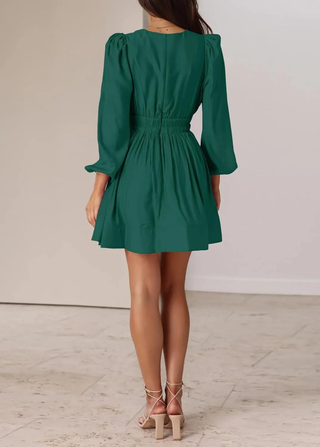 BWQ Women Mini Dress Long Sleeve Deep V Sexy Dress A-line Elastic High Waisted Flowy Dress
