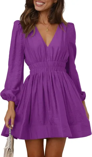 BWQ Women Mini Dress Long Sleeve Deep V Sexy Dress A-line Elastic High Waisted Flowy Dress