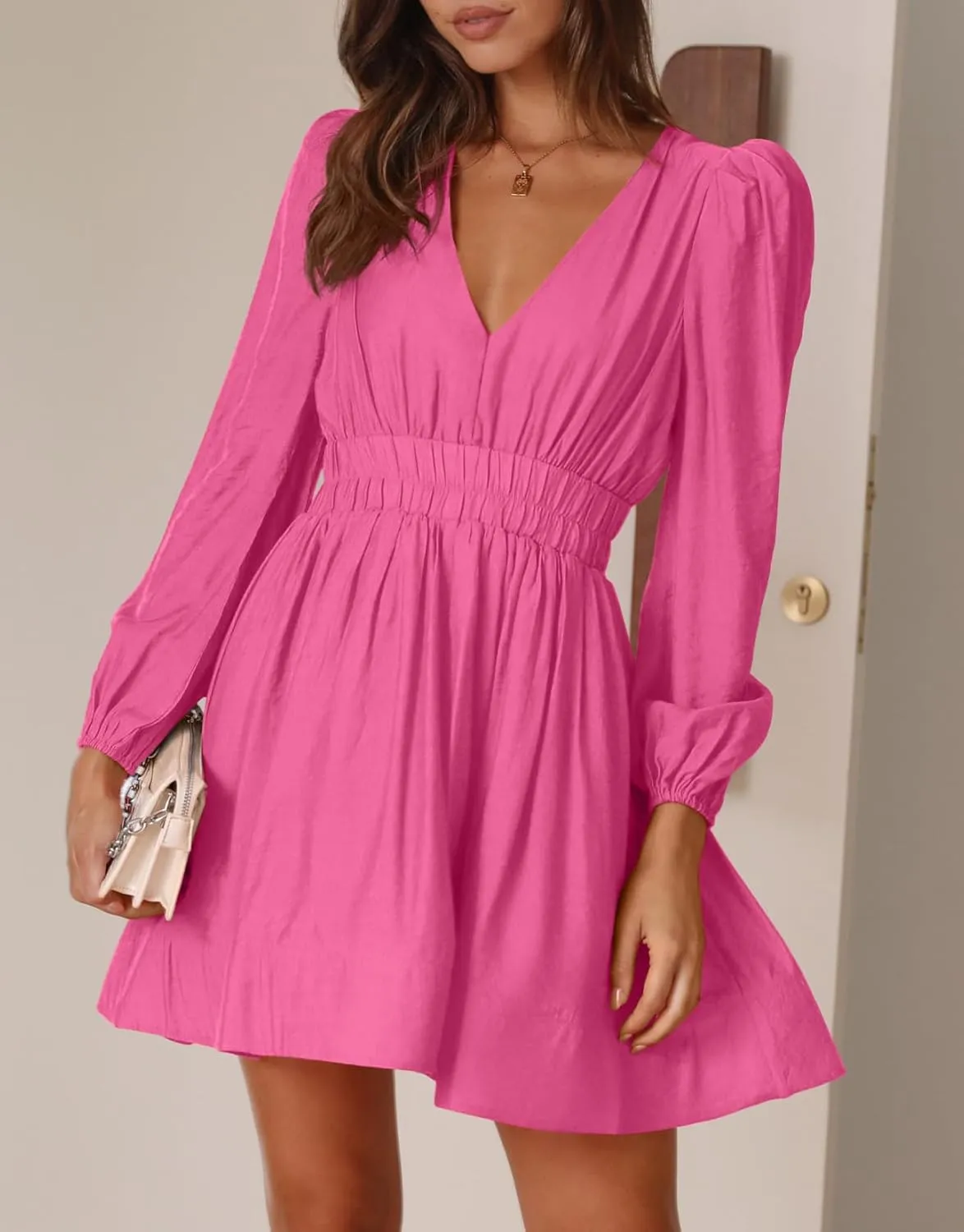 BWQ Women Mini Dress Long Sleeve Deep V Sexy Dress A-line Elastic High Waisted Flowy Dress