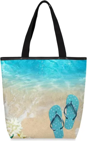 Canvas Tote Bag for Women Men Sea Beach Slippers Starfishes Canvas Handbag Shoulder Tote Bag with Zipper Closure Reusable Grocery Bag Shopping Cloth Bag with Handles for Beach Gym Picnic Work