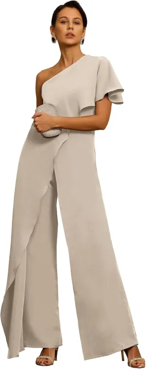 Chiffon One Shoulder Mother of The Bride Pant Suits for Women Flowy Wedding Guest Party Formal Outfit