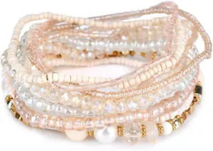 COLORFUL BLING Bohemian Crystal Beaded Bracelets Set Multilayer Stackable Bracelets Boho Charms Stretch Bracelet Handmade Multicolor Crystal Beaded Bangles Strand Bracelet Set