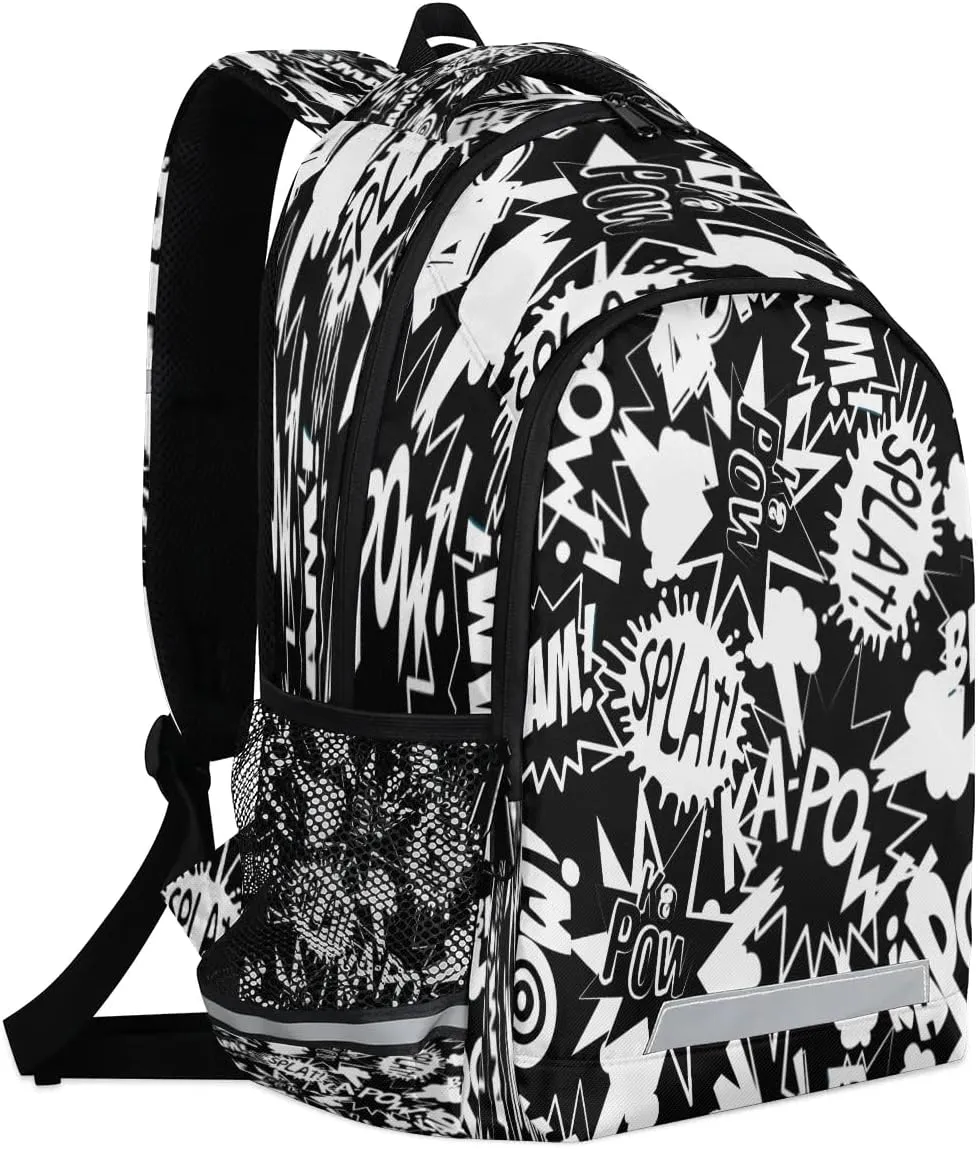 Comic Book Words Pattern Laptop Backpack Lightweight College Backpack with Reflective Strip for Men Women Adult Casual Travel Hiking Gym Work Daypack
