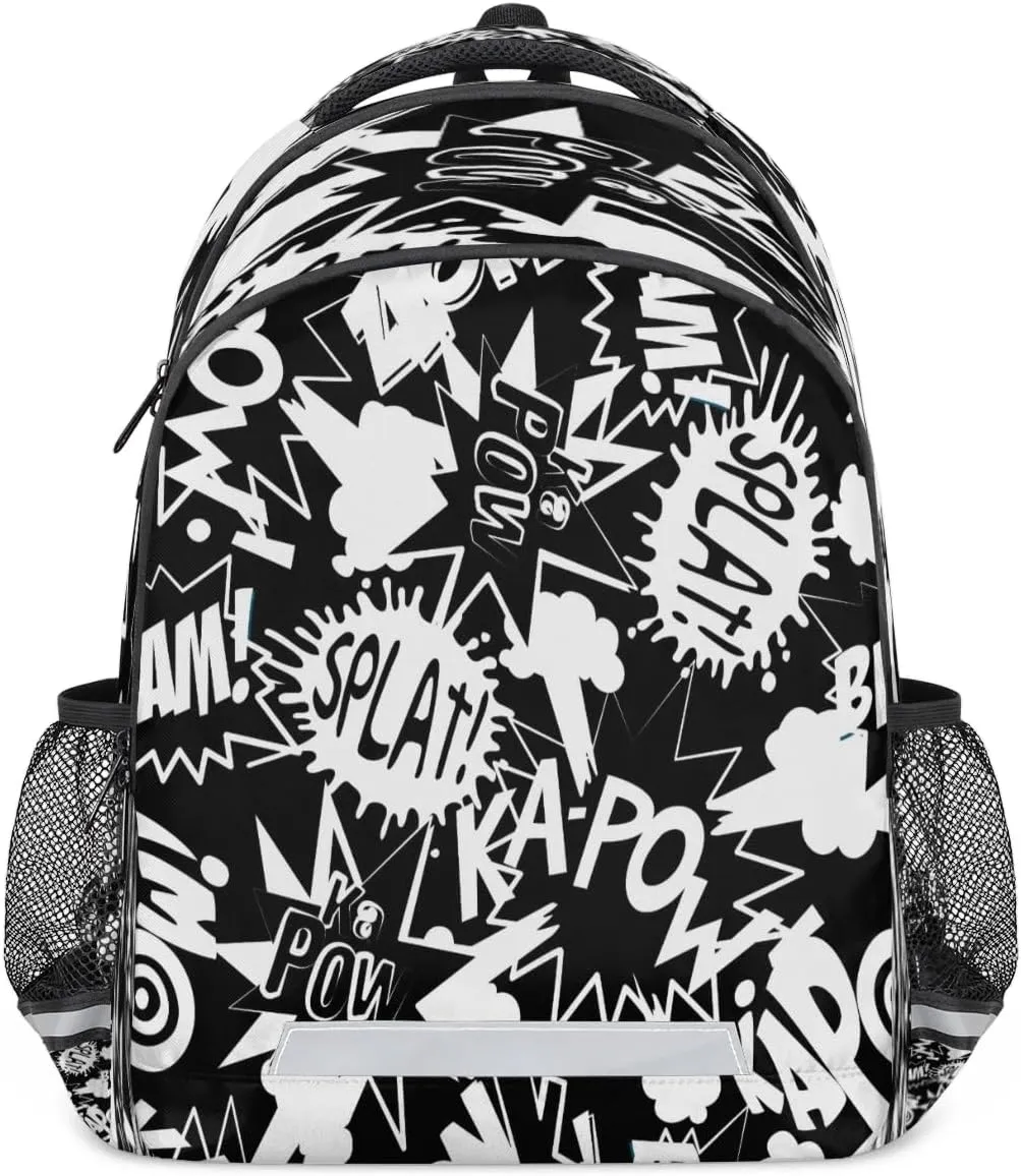 Comic Book Words Pattern Laptop Backpack Lightweight College Backpack with Reflective Strip for Men Women Adult Casual Travel Hiking Gym Work Daypack