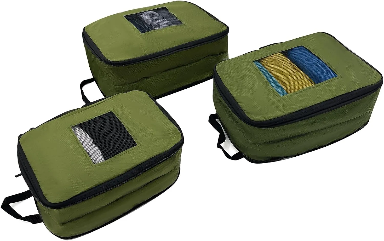 Compression Packing Cubes 2/3/4 sets, Large Travel Packing organizers for Carry on Luggage, 2 Sides Expandable Storage Bags for Backpacking, Suitcases (Green, Pack 3(L M S))