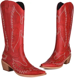 Cozivwaiy Women Denim Cowboy Boots Patchwork Knee High Boots Colorblock Western Cowgirl Mid Calf Jeans Shoes Pointed Toe Chunky Heel Pull On