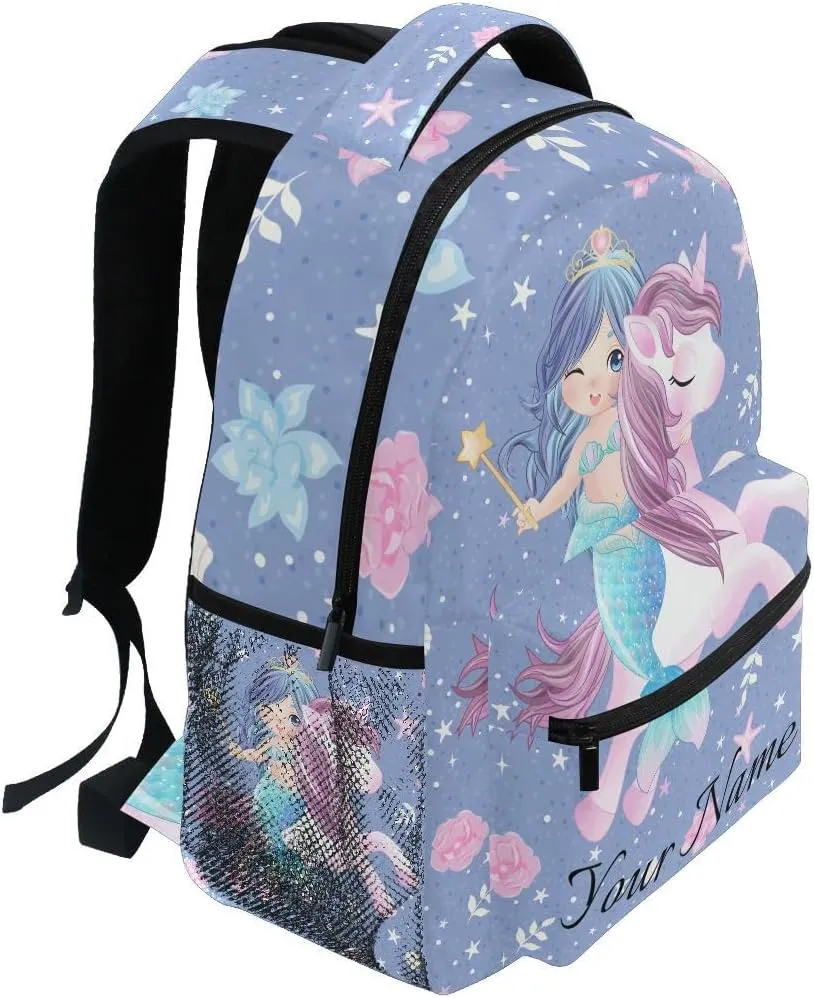 Custom Name Mermaid Unicorn Girls Backpack Horse Backpacks 3-5th Grade School Bookbags