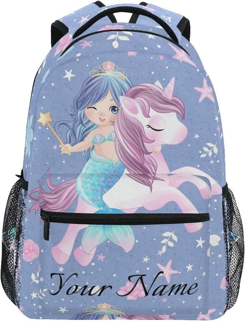 Custom Name Mermaid Unicorn Girls Backpack Horse Backpacks 3-5th Grade School Bookbags