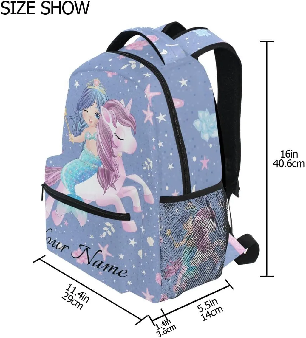 Custom Name Mermaid Unicorn Girls Backpack Horse Backpacks 3-5th Grade School Bookbags