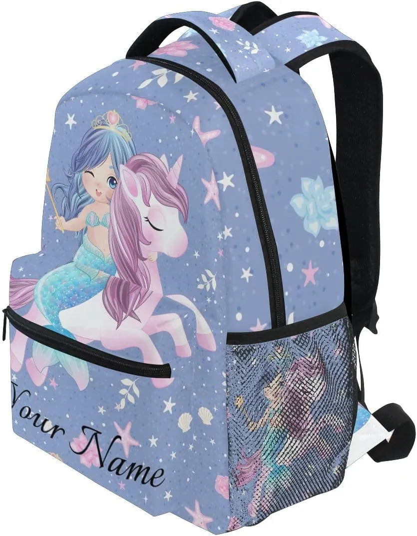 Custom Name Mermaid Unicorn Girls Backpack Horse Backpacks 3-5th Grade School Bookbags