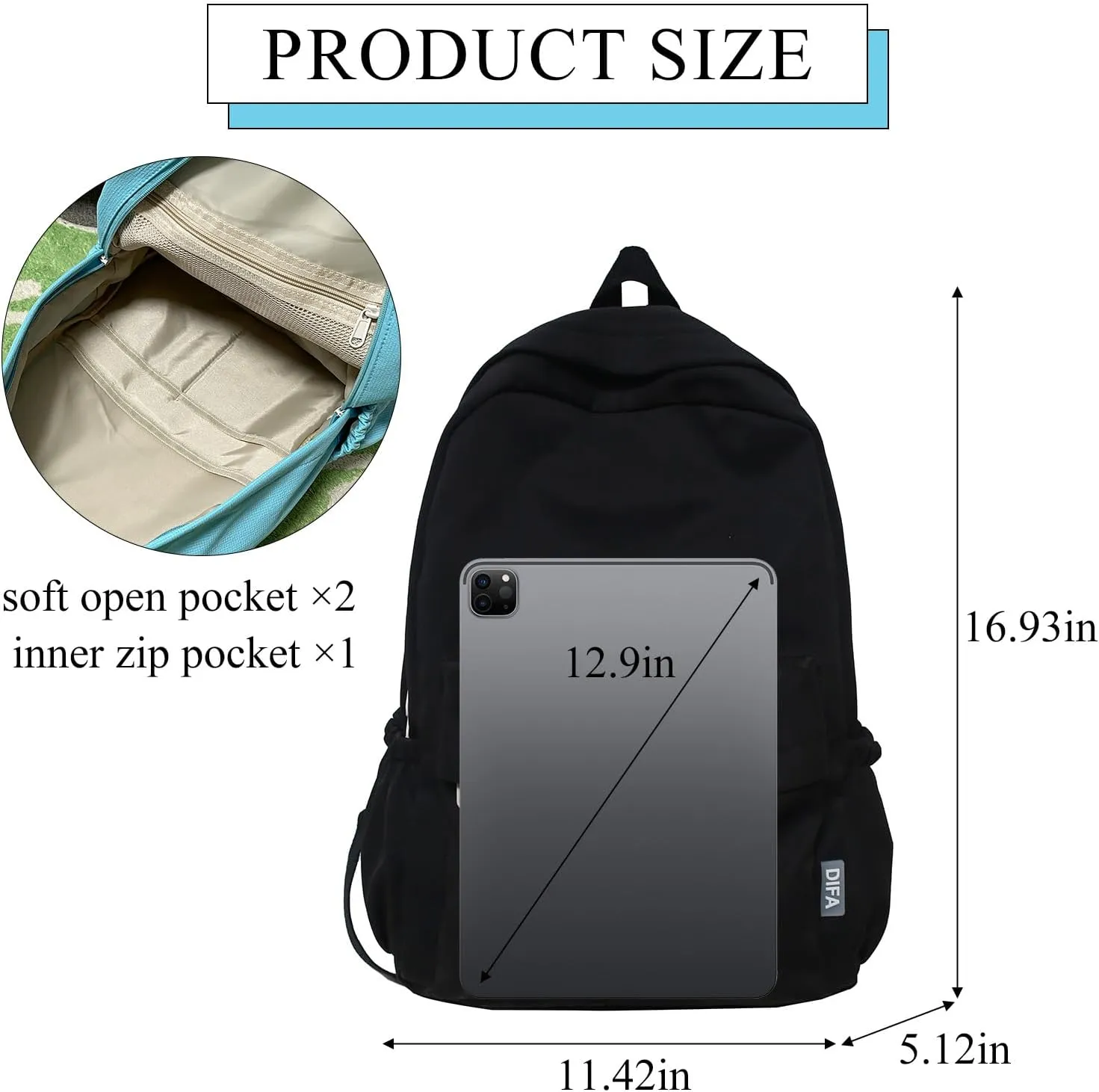 Cute Aesthetic Backpack Y2K Simple Solid Color Kawaii Backpacks Travel Laptop Backpack (Black)
