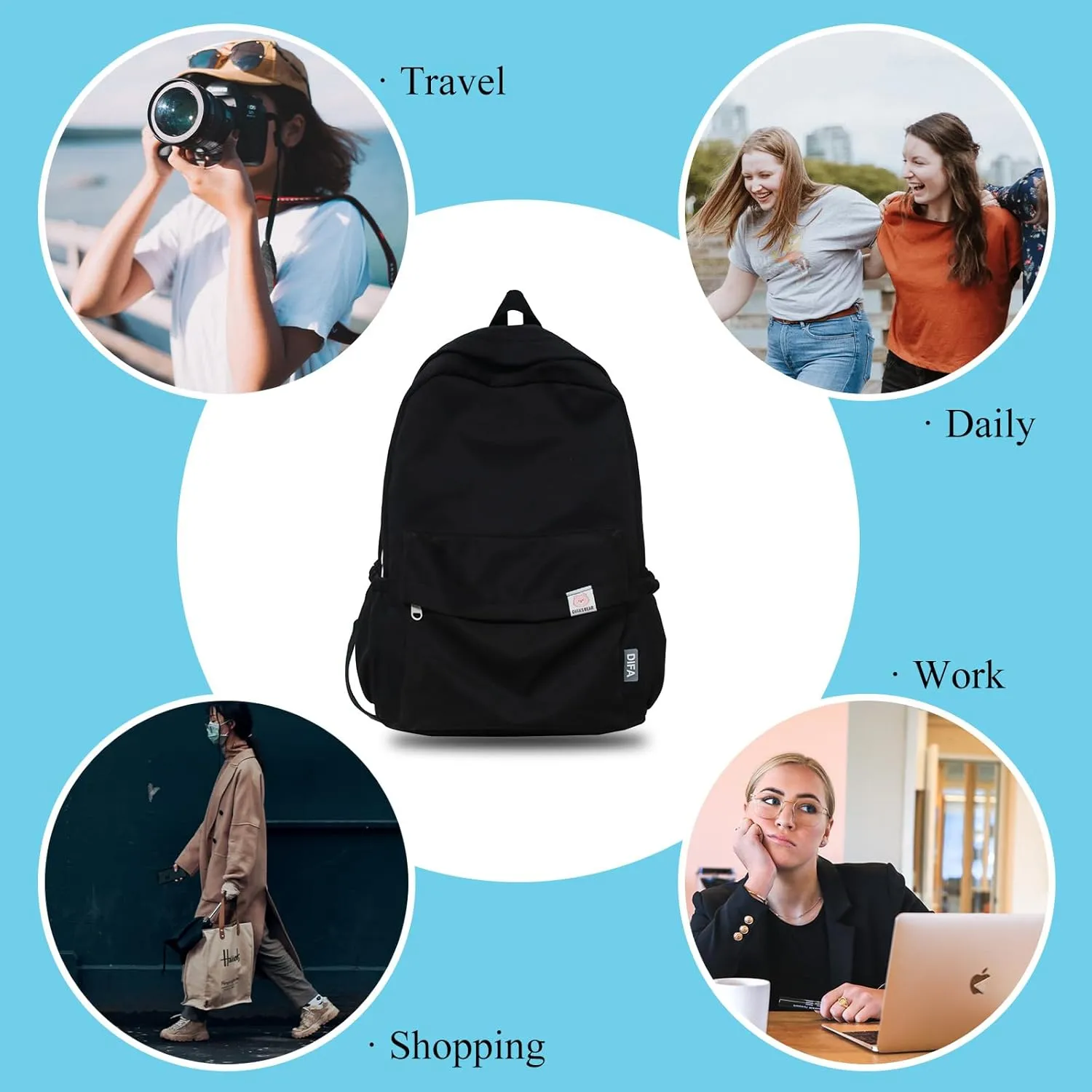 Cute Aesthetic Backpack Y2K Simple Solid Color Kawaii Backpacks Travel Laptop Backpack (Black)