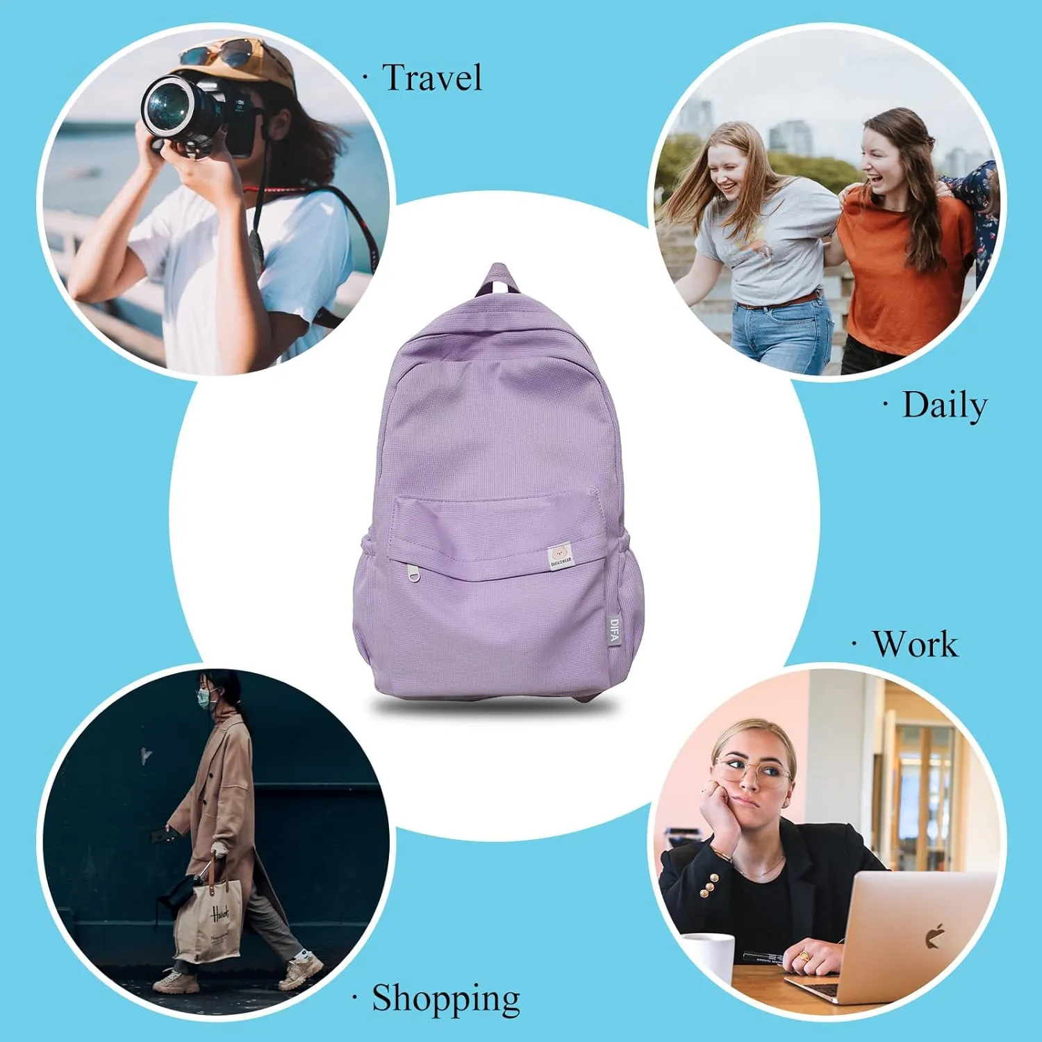 Cute Aesthetic Backpack Y2K Simple Solid Color Kawaii Backpacks Travel Laptop Backpack (Purple)