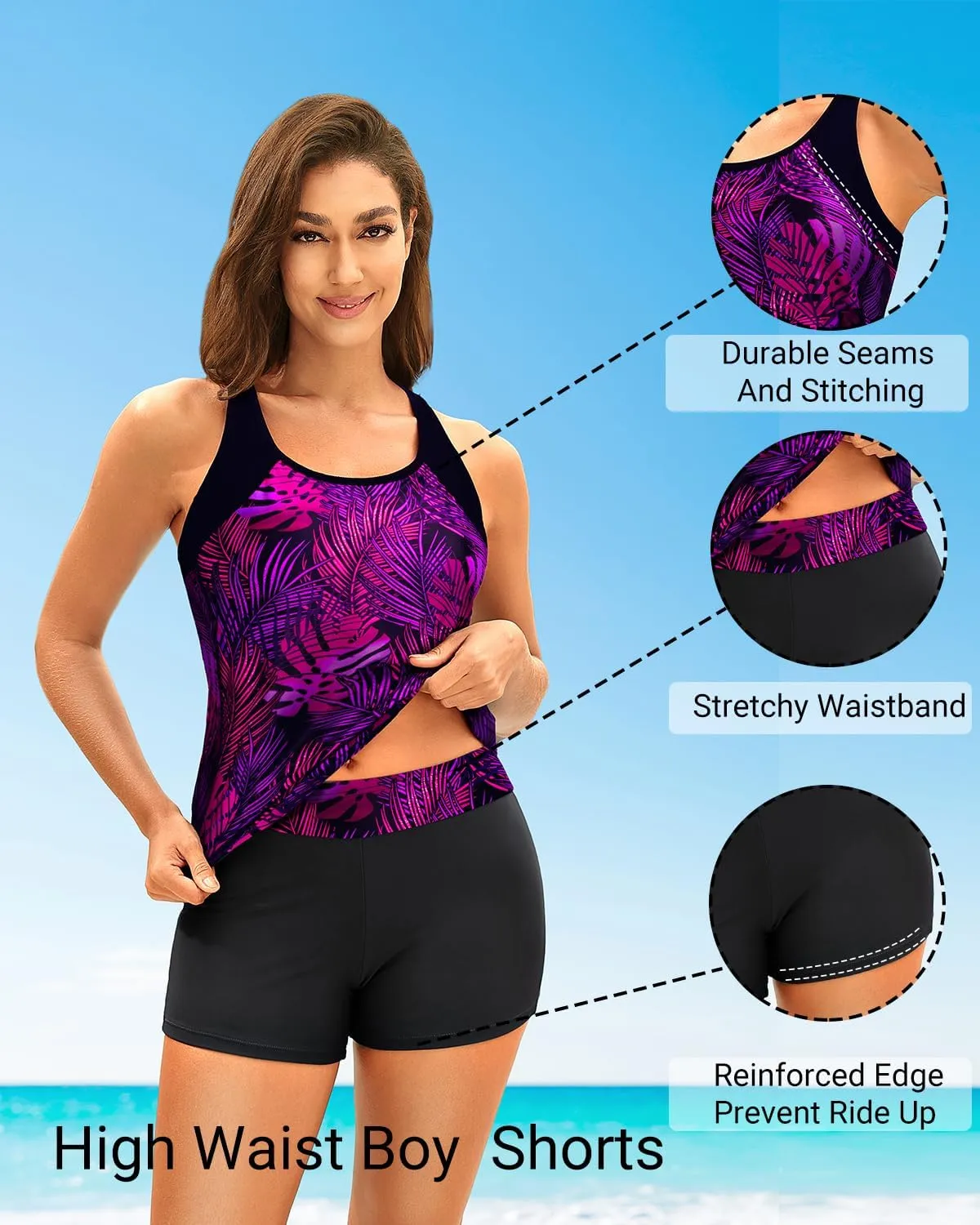 Daci Women 2 Piece Tankini Swimsuit - 2025 Tummy Control Sporty Bathing Suit Color Block Swim Tank Top with Boy Shorts