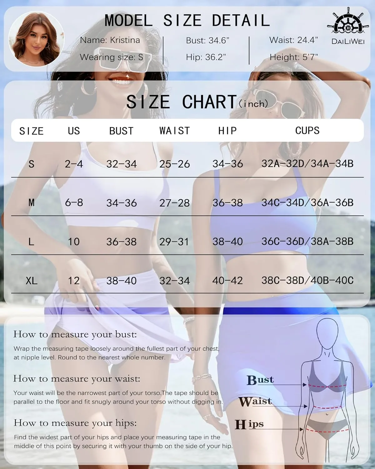 DaiLiWei Two Piece High Waisted Swimsuit for Women Swim Skirt Tankini Bathing Suit Tummy Control Push Up Bikini Set Teen Girl