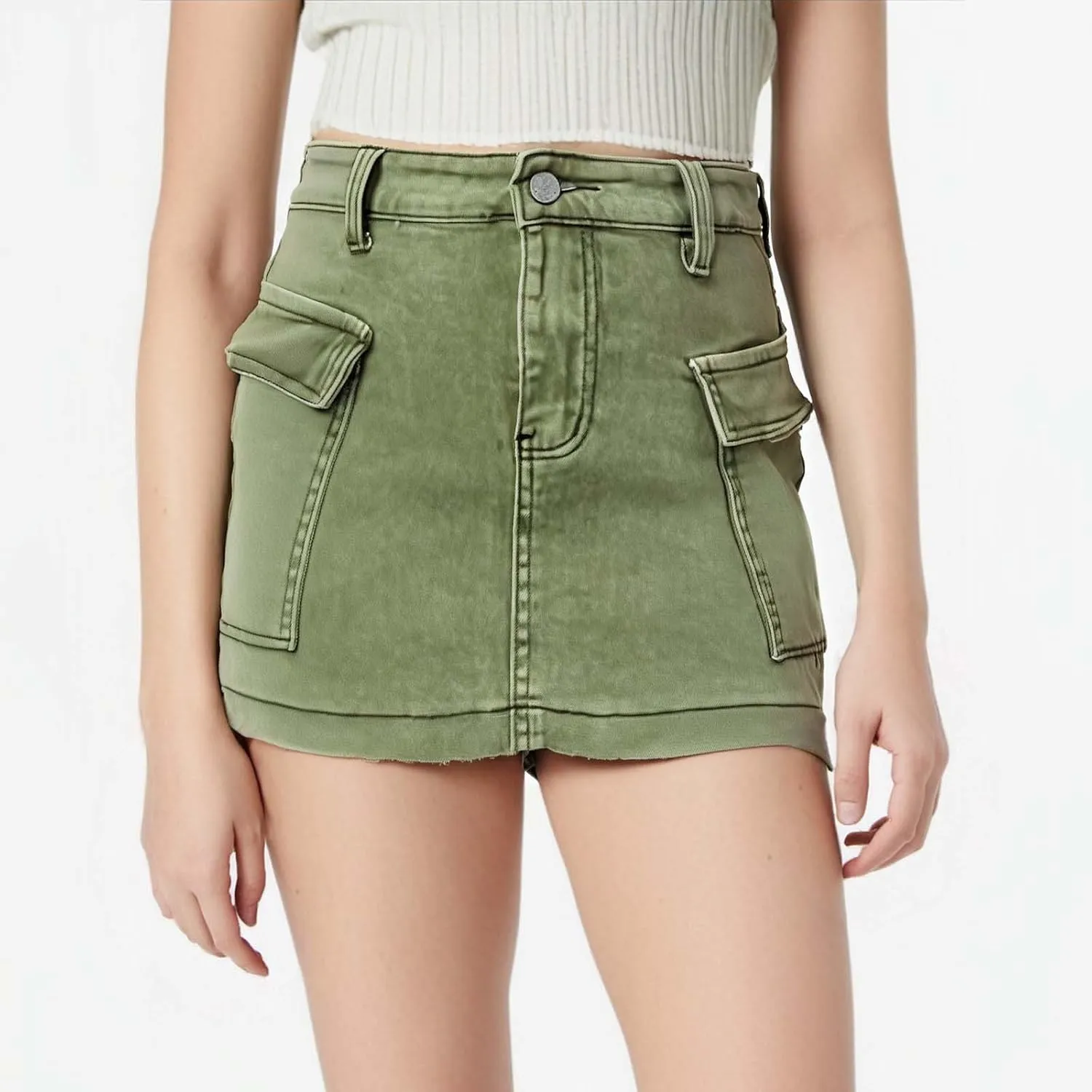 Denim Cargo Skirt with Pocket for Women High Waisted Button Mini Skirt 2025 Trendy Slim Fit Distressed Bodycon Jean Skirts