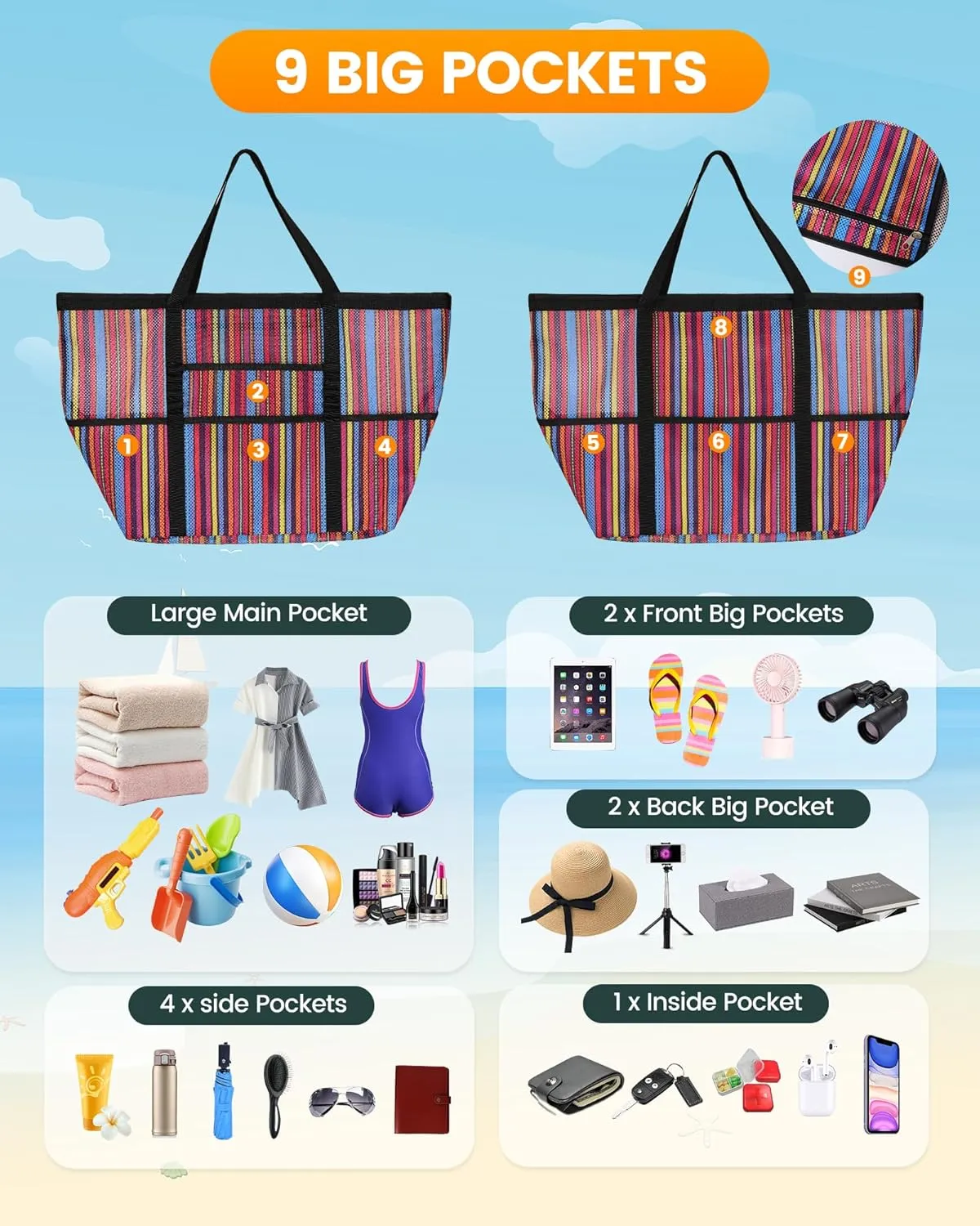 DOFOWORK Beach Bags for Women - Large beach bag, Mesh Beach Bag with 9 Pockets, Lightweight Tote Bag for Vacation