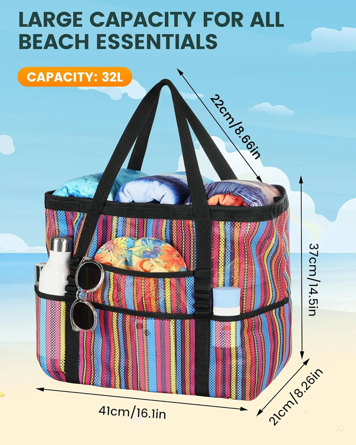 DOFOWORK Beach Bags for Women - Large beach bag, Mesh Beach Bag with 9 Pockets, Lightweight Tote Bag for Vacation