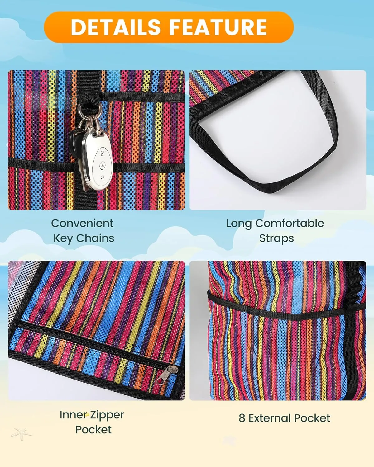 DOFOWORK Beach Bags for Women - Large beach bag, Mesh Beach Bag with 9 Pockets, Lightweight Tote Bag for Vacation