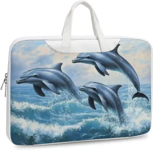 Dolphins Jumping Out Of Ocean Waves Leather Bag Laptop Case Slim Water Resistant Computer Bags with Handle Briefcase for Work