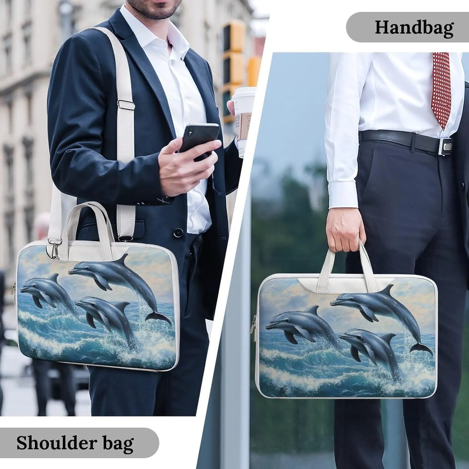Dolphins Jumping Out Of Ocean Waves Leather Bag Laptop Case Slim Water Resistant Computer Bags with Handle Briefcase for Work