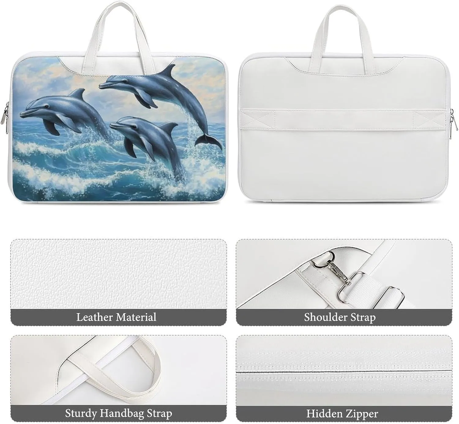 Dolphins Jumping Out Of Ocean Waves Leather Bag Laptop Case Slim Water Resistant Computer Bags with Handle Briefcase for Work