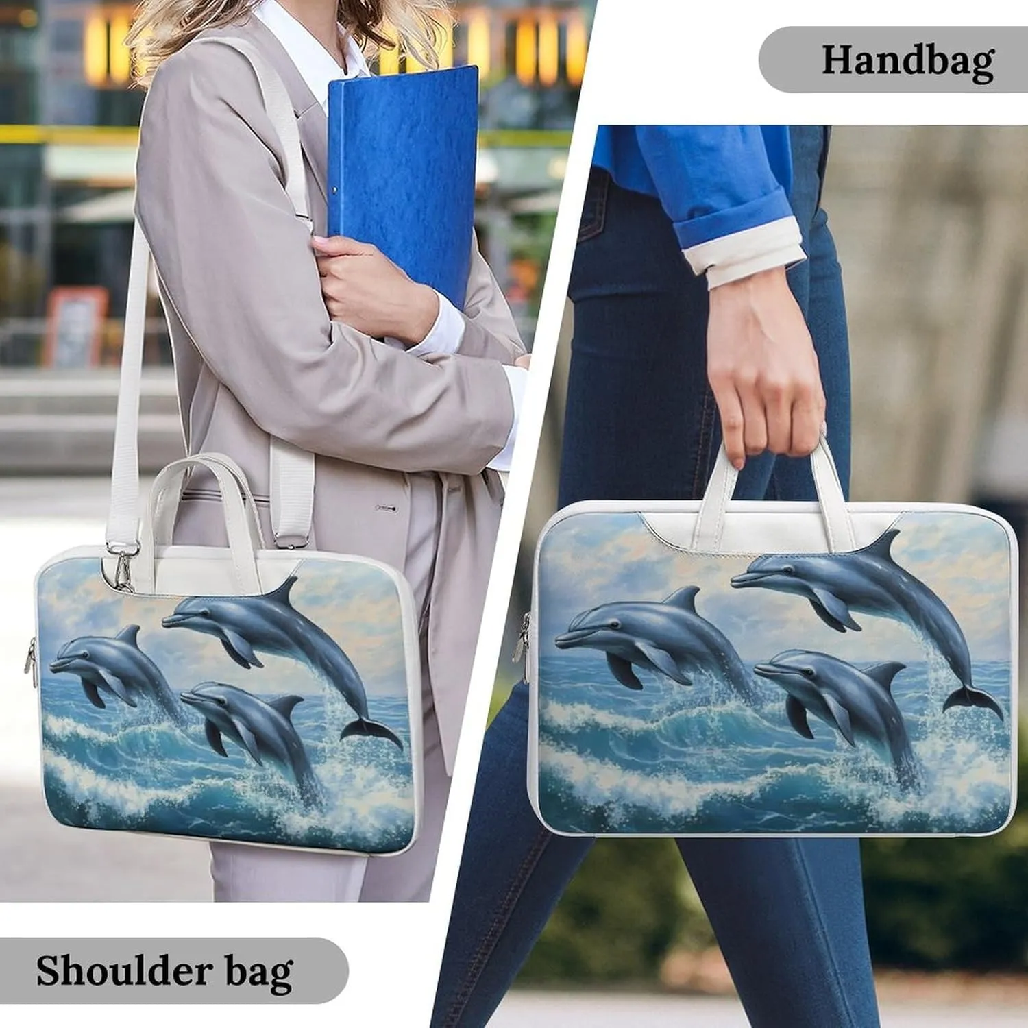 Dolphins Jumping Out Of Ocean Waves Leather Bag Laptop Case Slim Water Resistant Computer Bags with Handle Briefcase for Work