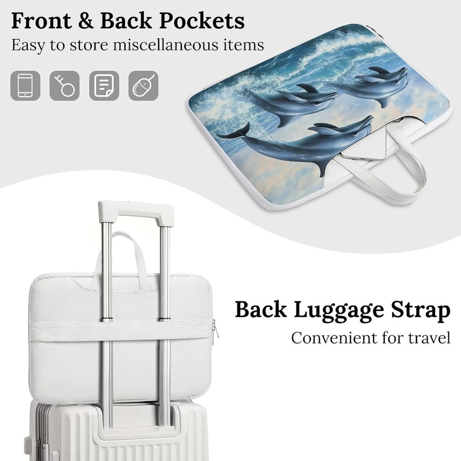 Dolphins Jumping Out Of Ocean Waves Leather Bag Laptop Case Slim Water Resistant Computer Bags with Handle Briefcase for Work