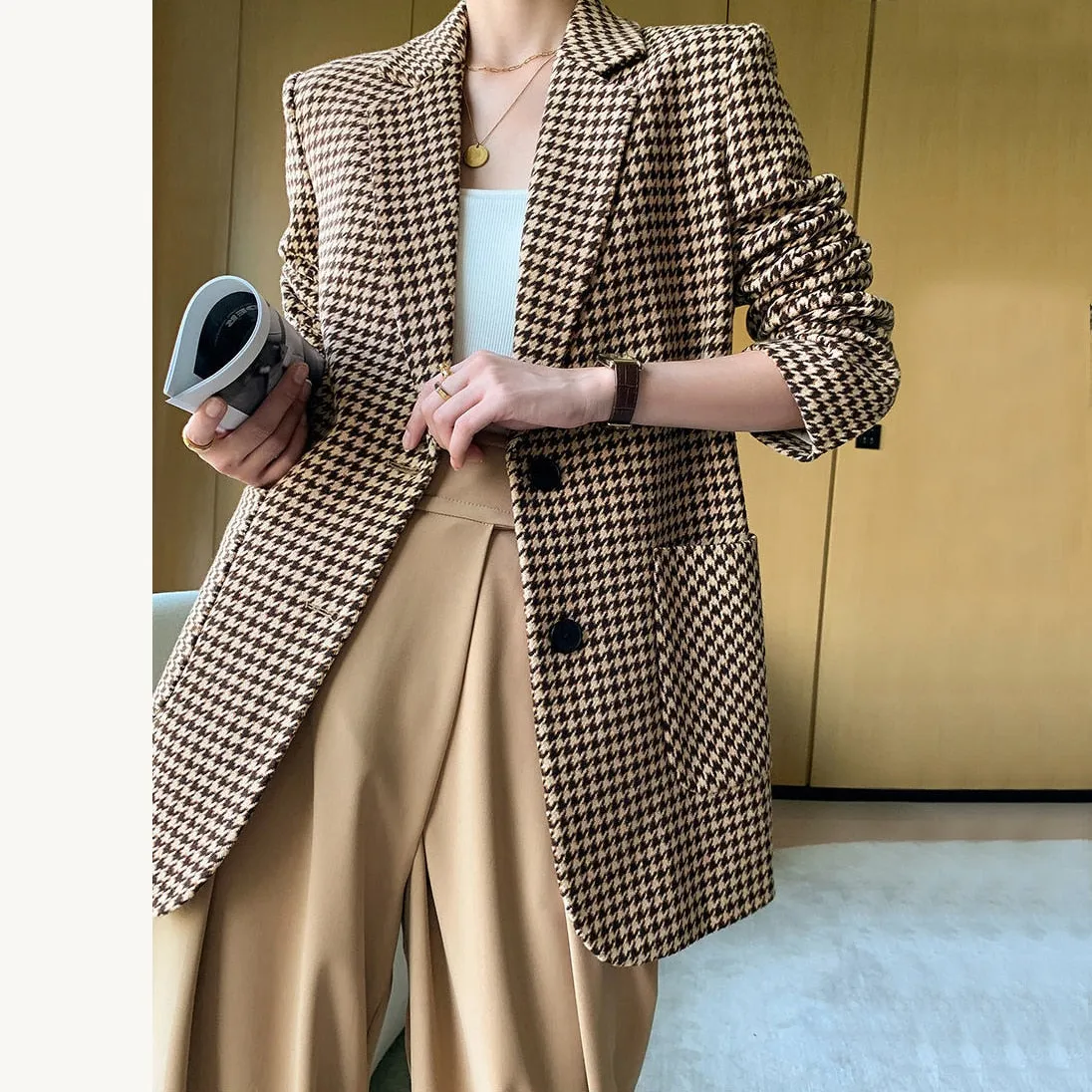 DressBetty - Long Sleeve Plaid Blazer