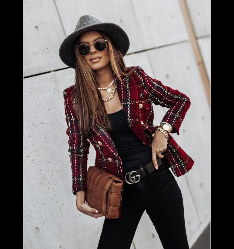 DressBetty - Plaid Tweed Long Sleeve Blazer