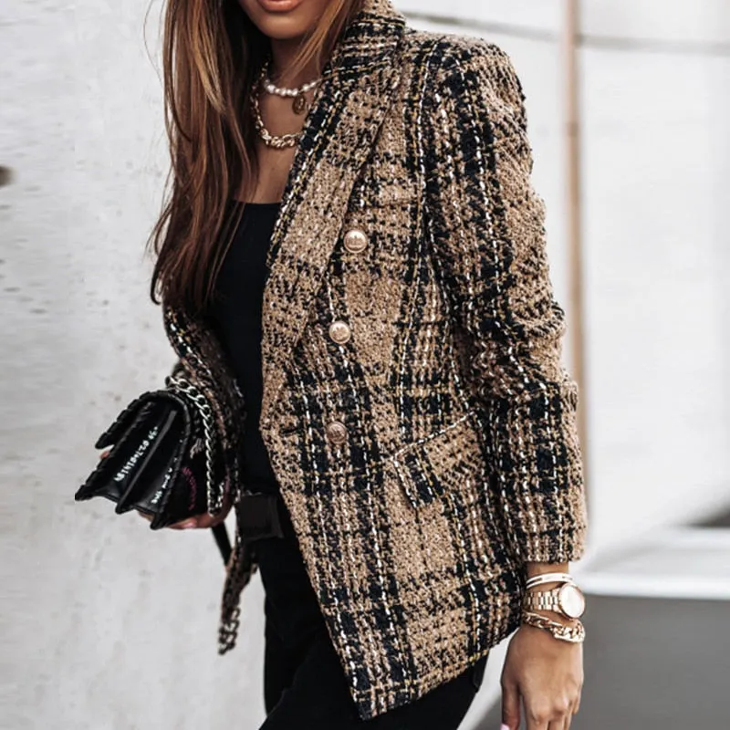 DressBetty - Plaid Tweed Long Sleeve Blazer