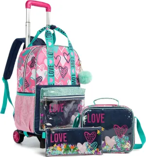 Egchescebo Girls Rolling Backpacks Kids Backpack with Wheels for School Bags Luggage 3PCS Canvas Love Backpack With Lunch Box Pencil Case Wheels Trolley Wheeled Backpacks for Girls Travel Bags Pink