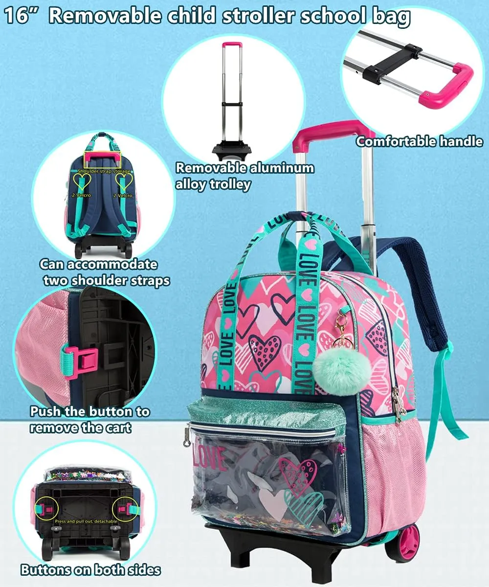 Egchescebo Girls Rolling Backpacks Kids Backpack with Wheels for School Bags Luggage 3PCS Canvas Love Backpack With Lunch Box Pencil Case Wheels Trolley Wheeled Backpacks for Girls Travel Bags Pink