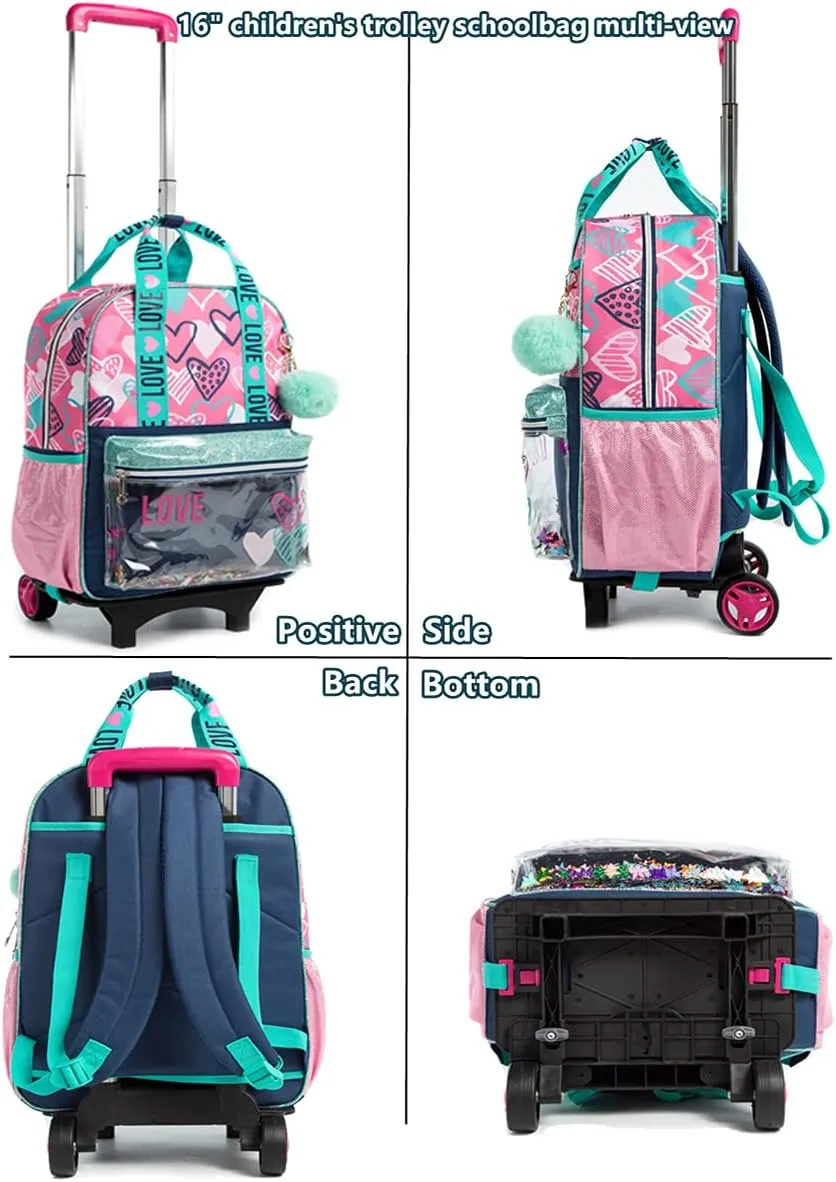 Egchescebo Girls Rolling Backpacks Kids Backpack with Wheels for School Bags Luggage 3PCS Canvas Love Backpack With Lunch Box Pencil Case Wheels Trolley Wheeled Backpacks for Girls Travel Bags Pink