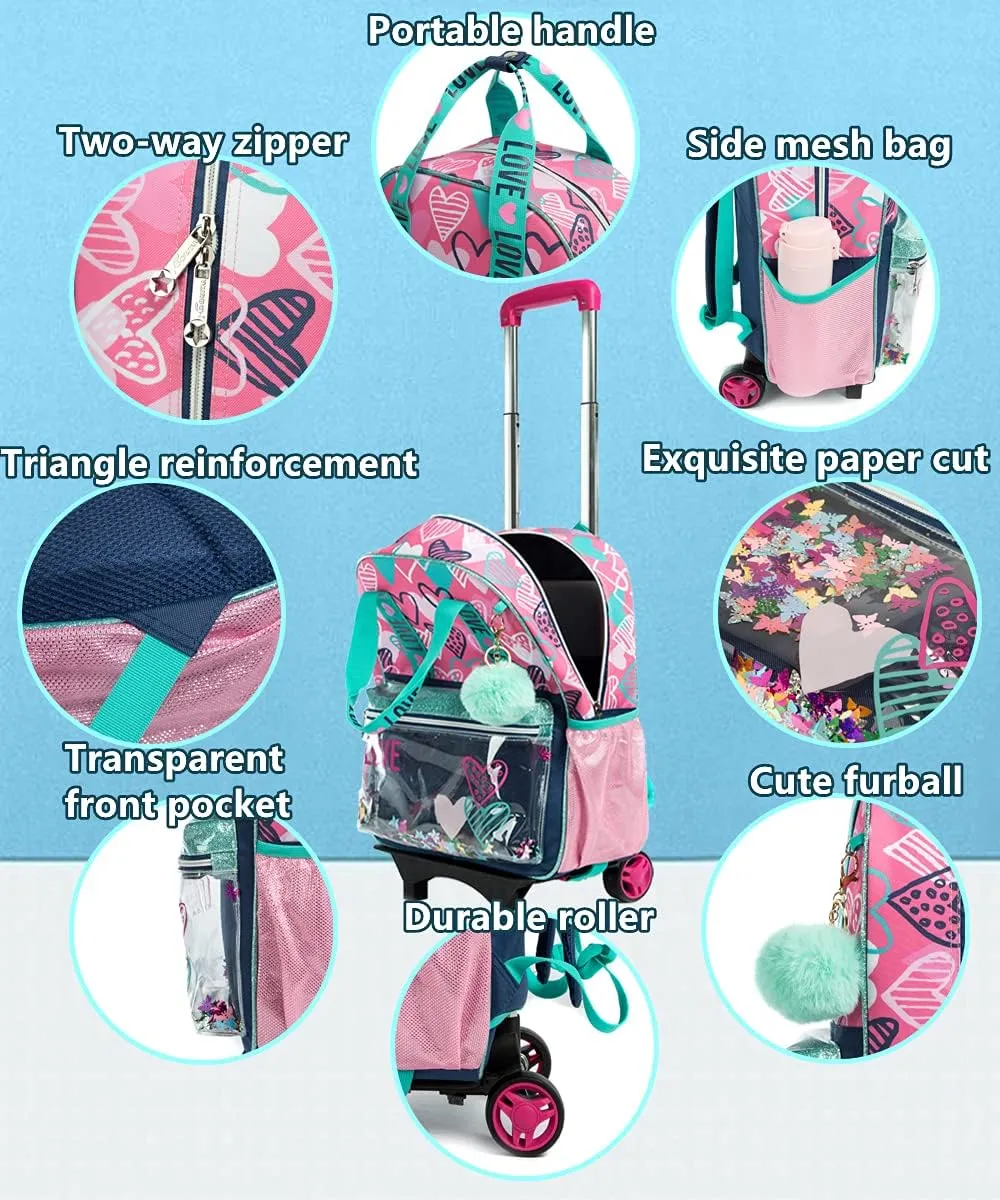 Egchescebo Girls Rolling Backpacks Kids Backpack with Wheels for School Bags Luggage 3PCS Canvas Love Backpack With Lunch Box Pencil Case Wheels Trolley Wheeled Backpacks for Girls Travel Bags Pink
